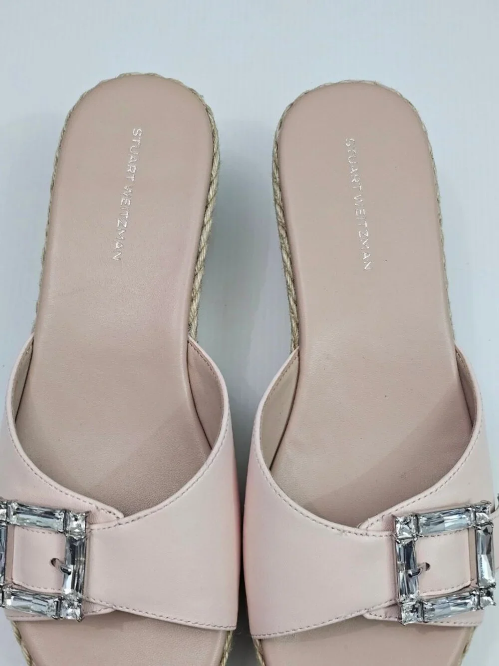 Stuart Weitzman June 75 Espadrille Wedge Sandal Size 9 Blush Pink Crystal Buckle